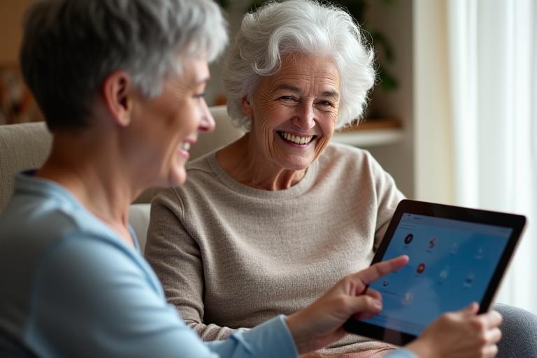 A smiling senior woman comfortably using a tablet, with a friendly instructor pointing at the screen.
