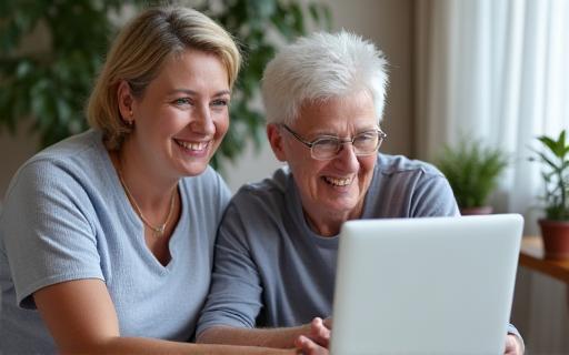 A senior and an instructor smiling while looking at a laptop together.